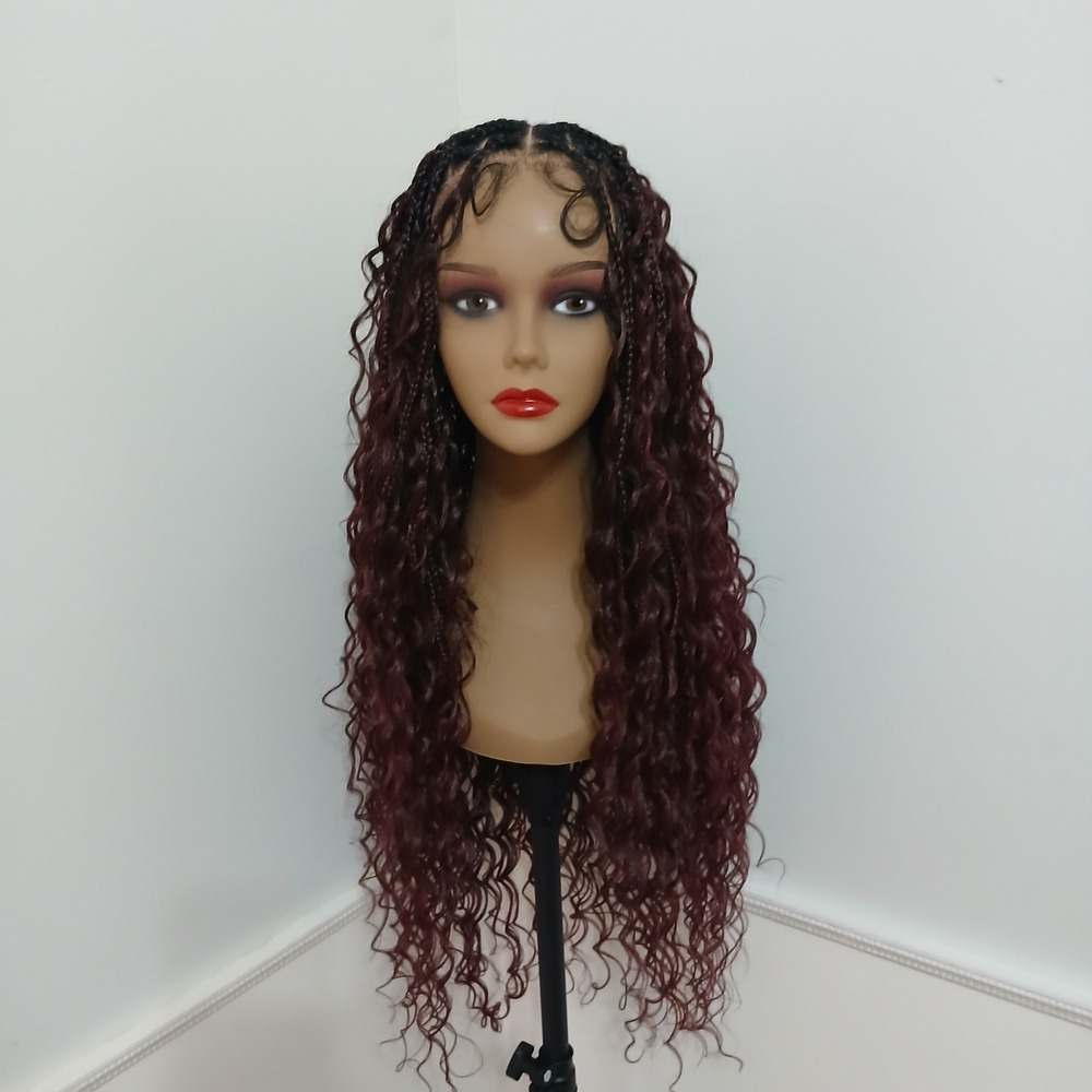 Full Lace 30 Inch Boho Braided Wig Pre-Plucked 200% Density Black Burgundy NEW